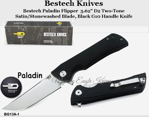 Bestech Knives BG13A-1 Bestech Paladin Flipper Knife 3.62" D2 Two-Tone Satin/Stonewashed Blade, Black G10 Handle Knife