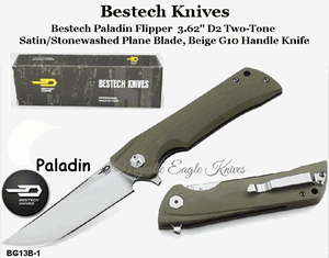 Bestech Knives BG13B-1 Bestech Paladin Flipper Knife 3.62" D2 Two-Tone Satin/Stonewashed Blade, Beige G10 Handle Knife
