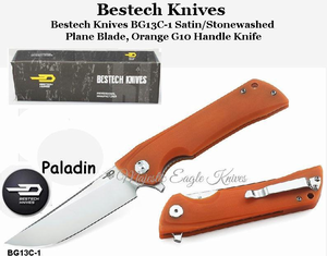 Bestech Knives BG13C-1 Bestech Paladin Flipper Knife 3.62" D2 Two-Tone Satin/Stonewashed Blade, Orange G10 Handle Knife