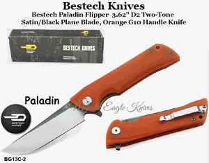 Bestech Knives BG13C-2 Bestech Paladin Flipper Knife 3.62" D2 Two-Tone Satin/Black Blade, Orange G10 Handle Knife