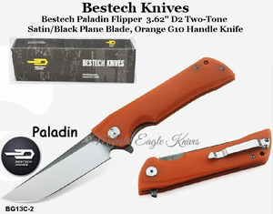 Bestech Knives BG13C-2 Bestech Paladin Flipper Knife 3.62" D2 Two-Tone Satin/Black Blade, Orange G10 Handle Knife