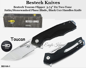 Bestech Knives BG14A-1 Bestech Toucan Flipper Knife 3.74" D2 Two-Tone Satin/Stonewashed Blade, Black G10 Handle Knife