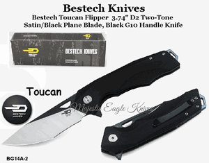 Bestech Knives BG14A-2 Bestech Toucan Flipper Knife 3.74" D2 Two-Tone Satin/Black Blade, Black G10 Handle Knife