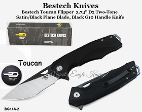 Bestech Knives BG14A-2 Bestech Toucan Flipper Knife 3.74" D2 Two-Tone Satin/Black Blade, Black G10 Handle Knife
