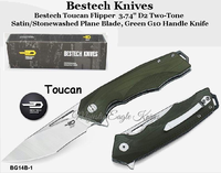 Bestech Knives BG14B-1 Bestech Toucan Flipper Knife 3.74" D2 Two-Tone Satin/Stonewashed Blade, Green G10 Handle Knife Bestech Knives BG14B-1 Bestech Toucan Flipper Knife 3.74" D2 Two-Tone Satin/Stonewashed Blade, Green G10 Handle Knife