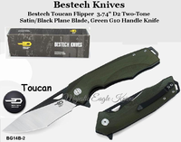 Bestech Knives BG14B-2 Bestech Toucan Flipper Knife 3.74" D2 Two-Tone Satin/Black Blade, Green G10 Handle Knife Bestech Knives BG14B-2 Bestech Toucan Flipper Knife 3.74" D2 Two-Tone Satin/Black Blade, Green G10 Handle Knife