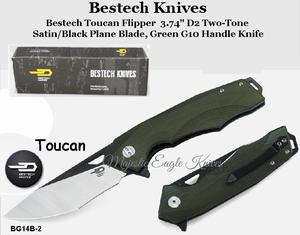Bestech Knives BG14B-2 Bestech Toucan Flipper Knife 3.74" D2 Two-Tone Satin/Black Blade, Green G10 Handle Knife