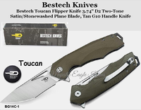 Bestech Knives BG14C-1 Bestech Toucan Flipper Knife 3.74" D2 Two-Tone Satin/Stonewashed Blade, Tan G10 Handle Knife Bestech Knives BG14C-1 Bestech Toucan Flipper Knife 3.74" D2 Two-Tone Satin/Stonewashed Blade, Tan G10 Handle Knife