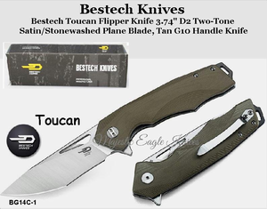 Bestech Knives BG14C-1 Bestech Toucan Flipper Knife 3.74" D2 Two-Tone Satin/Stonewashed Blade, Tan G10 Handle Knife