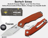 Bestech Knives BG14D-1 Bestech Toucan Flipper Knife 3.74" D2 Two-Tone Satin/Stonewashed Blade, Orange G10 Handle Knife Bestech Knives BG14D-1 Bestech Toucan Flipper Knife 3.74" D2 Two-Tone Satin/Stonewashed Blade, Orange G10 Handle Knife