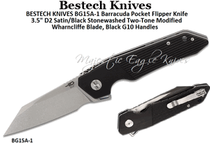 BESTECH KNIVES BG15A-1 Barracuda Pocket Flipper Knife 3.5" D2 Satin/Black Stonewashed Two-Tone Modified Wharncliffe Blade, Black G10 Handles