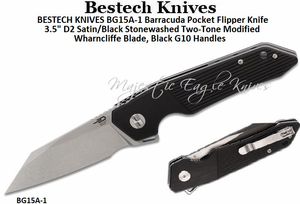 BESTECH KNIVES BG15A-1 Barracuda Pocket Flipper Knife 3.5" D2 Satin/Black Stonewashed Two-Tone Modified Wharncliffe Blade, Black G10 Handles