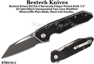 Bestech Knives BG15A-2 Barracuda Flipper Pocket Knife 3.5" D2 Satin/Black Stonewashed Two-Tone Modified Wharncliffe Plain Blade, Black G10 Handles 