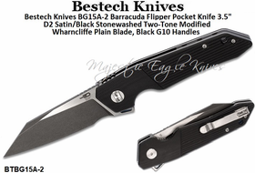 Bestech Knives BG15A-2 Barracuda Flipper Pocket Knife 3.5" D2 Satin/Black Stonewashed Two-Tone Modified Wharncliffe Plain Blade, Black G10 Handles 