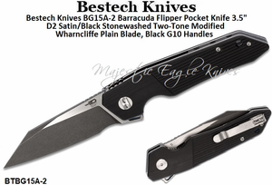 Bestech Knives BG15A-2 Barracuda Flipper Pocket Knife 3.5" D2 Satin/Black Stonewashed Two-Tone Modified Wharncliffe Plain Blade, Black G10 Handles 