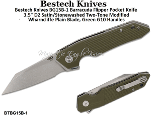 Bestech Knives BG15B-1 Barracuda Flipper Pocket Knife 3.5" D2 Satin/Stonewashed Two-Tone Modified Wharncliffe Plain Blade, Green G10 Handles