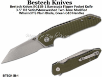Bestech Knives BG15B-1 Barracuda Flipper Pocket Knife 3.5" D2 Satin/Stonewashed Two-Tone Modified Wharncliffe Plain Blade, Green G10 Handles Bestech Knives BG15B-1 Barracuda Flipper Pocket Knife 3.5" D2 Satin/Stonewashed Two-Tone Modified Wharncliffe Plain Blade, Green G10 Handles