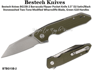 Bestech Knives BG15B-2 Barracuda Flipper Pocket Knife 3.5" D2 Satin/Black Stonewashed Two-Tone Modified Wharncliffe Blade, Green G10 Handles 