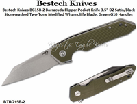 Bestech Knives BG15B-2 Barracuda Flipper Pocket Knife 3.5" D2 Satin/Black Stonewashed Two-Tone Modified Wharncliffe Blade, Green G10 Handles Bestech Knives BG15B-2 Barracuda Flipper Pocket Knife 3.5" D2 Satin/Black Stonewashed Two-Tone Modified Wharncliffe Blade, Green G10 Handles