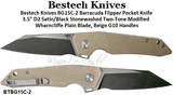 Bestech Knives BG15C-2 Barracuda Flipper Pocket Knife 3.5" D2 Satin/Black Stonewashed Two-Tone Modified Wharncliffe Plain Blade, Beige G10 Handles 