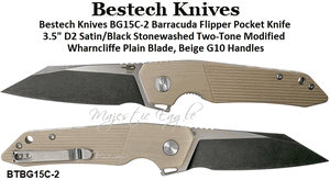 Bestech Knives BG15C-2 Barracuda Flipper Pocket Knife 3.5" D2 Satin/Black Stonewashed Two-Tone Modified Wharncliffe Plain Blade, Beige G10 Handles 