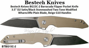 Bestech Knives BG15C-2 Barracuda Flipper Pocket Knife 3.5" D2 Satin/Black Stonewashed Two-Tone Modified Wharncliffe Plain Blade, Beige G10 Handles 