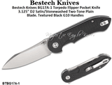 Bestech Knives BG17A-1 Torpedo Flipper Pocket Knife 3.125" D2 Satin/Stonewashed Two-Tone Plain Blade, Textured Black G10 Handles 