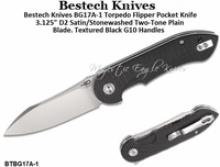 Bestech Knives BG17A-1 Torpedo Flipper Pocket Knife 3.125" D2 Satin/Stonewashed Two-Tone Plain Blade, Textured Black G10 Handles Bestech Knives BG17A-1 Torpedo Flipper Pocket Knife 3.125" D2 Satin/Stonewashed Two-Tone Plain Blade, Textured Black G10 Handles