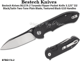 Bestech Knives BG17A-2 Torpedo Flipper Pocket Knife 3.125" D2 Black/Satin Two-Tone Plain Blade, Textured Black G10 Handles