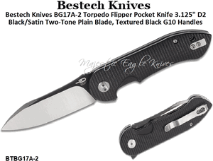 Bestech Knives BG17A-2 Torpedo Flipper Pocket Knife 3.125" D2 Black/Satin Two-Tone Plain Blade, Textured Black G10 Handles