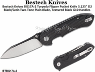 Bestech Knives BG17A-2 Torpedo Flipper Pocket Knife 3.125" D2 Black/Satin Two-Tone Plain Blade, Textured Black G10 Handles Bestech Knives BG17A-2 Torpedo Flipper Pocket Knife 3.125" D2 Black/Satin Two-Tone Plain Blade, Textured Black G10 Handles