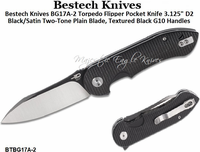 Bestech Knives BG17A-2 Torpedo Flipper Pocket Knife 3.125" D2 Black/Satin Two-Tone Plain Blade, Textured Black G10 Handles Bestech Knives BG17A-2 Torpedo Flipper Pocket Knife 3.125" D2 Black/Satin Two-Tone Plain Blade, Textured Black G10 Handles