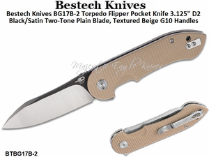 Bestech Knives BG17B-2 Torpedo Flipper Pocket Knife 3.125" D2 Black/Satin Two-Tone Plain Blade, Textured Beige G10 Handles Bestech Knives BG17B-2 Torpedo Flipper Pocket Knife 3.125" D2 Black/Satin Two-Tone Plain Blade, Textured Beige G10 Handles