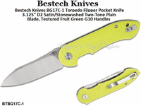 Bestech Knives BG17C-1 Torpedo Flipper Pocket Knife 3.125" D2 Satin/Stonewashed Two-Tone Plain Blade, Textured Fruit Green G10 Handles Bestech Knives BG17C-1 Torpedo Flipper Pocket Knife 3.125" D2 Satin/Stonewashed Two-Tone Plain Blade, Textured Fruit Green G10 Handles