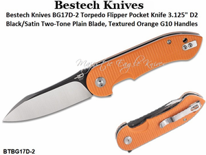 Bestech Knives BG17D-2 Torpedo Flipper Pocket Knife 3.125" D2 Black/Satin Two-Tone Plain Blade, Textured Orange G10 Handles Bestech Knives BG17D-2 Torpedo Flipper Pocket Knife 3.125" D2 Black/Satin Two-Tone Plain Blade, Textured Orange G10 Handles