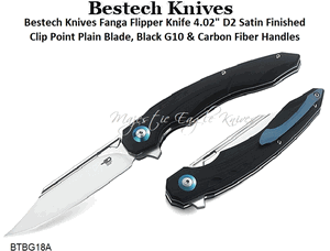 Bestech Knives BG18A Fanga Flipper Pocket Knife 4.02" D2 Satin Clip Point Plain Blade, Black G10 Handles