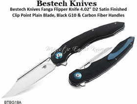 Bestech Knives BG18A Fanga Flipper Pocket Knife 4.02" D2 Satin Clip Point Plain Blade, Black G10 Handles