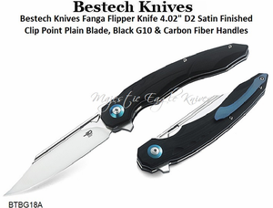 Bestech Knives BG18A Fanga Flipper Pocket Knife 4.02" D2 Satin Clip Point Plain Blade, Black G10 Handles Bestech Knives BG18A Fanga Flipper Pocket Knife 4.02" D2 Satin Clip Point Plain Blade, Black G10 Handles