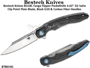 Bestech Knives BG18C Fanga Flipper PockeKnife 4.02" D2 Satin Clip Point Plain Blade, Black G10 & Carbon Fiber Handles