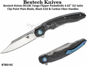 Bestech Knives BG18C Fanga Flipper PockeKnife 4.02" D2 Satin Clip Point Plain Blade, Black G10 & Carbon Fiber Handles Bestech Knives BG18C Fanga Flipper PockeKnife 4.02" D2 Satin Clip Point Plain Blade, Black G10 & Carbon Fiber Handles