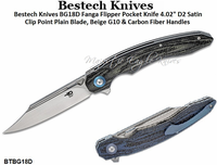 Bestech Knives BG18D Fanga Flipper Pocket Knife 4.02" D2 Satin Clip Point Plain Blade, Beige G10 & Carbon Fiber Handles Bestech Knives BG18D Fanga Flipper Pocket Knife 4.02" D2 Satin Clip Point Plain Blade, Beige G10 & Carbon Fiber Handles