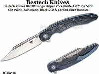 Bestech Knives BG18E Fanga Flipper Pocket Knife 4.02" D2 Satin Clip Point Plain Blade, Blue G10 & Carbon Fiber Handles Bestech Knives BG18E Fanga Flipper Pocket Knife 4.02" D2 Satin Clip Point Plain Blade, Blue G10 & Carbon Fiber Handles