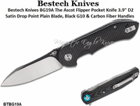 Bestech Knives BG19A The Ascot Flipper Pocket Knife 3.9" D2 Satin Drop Point Plain Blade, Black G10 & Carbon Fiber Handles Bestech Knives BG19A The Ascot Flipper Pocket Knife 3.9" D2 Satin Drop Point Plain Blade, Black G10 & Carbon Fiber Handles