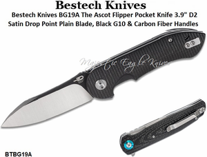 Bestech Knives BG19A The Ascot Flipper Pocket Knife 3.9" D2 Satin Drop Point Plain Blade, Black G10 & Carbon Fiber Handles Bestech Knives BG19A The Ascot Flipper Pocket Knife 3.9" D2 Satin Drop Point Plain Blade, Black G10 & Carbon Fiber Handles