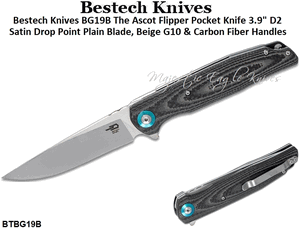 Bestech Knives BG19B The Ascot Flipper Pocket Knife 3.9" D2 Satin Drop Point Plain Blade, Beige G10 & Carbon Fiber Handles
