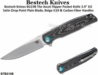 Bestech Knives BG19B The Ascot Flipper Pocket Knife 3.9" D2 Satin Drop Point Plain Blade, Beige G10 & Carbon Fiber Handles Bestech Knives BG19B The Ascot Flipper Pocket Knife 3.9" D2 Satin Drop Point Plain Blade, Beige G10 & Carbon Fiber Handles