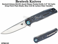 Bestech Knives BG19C Ascot Flipper Pocket Knife 3.9" D2 Satin Drop Point Plain Blade, Blue G10 & Carbon Fiber Handles Bestech Knives BG19C Ascot Flipper Pocket Knife 3.9" D2 Satin Drop Point Plain Blade, Blue G10 & Carbon Fiber Handles