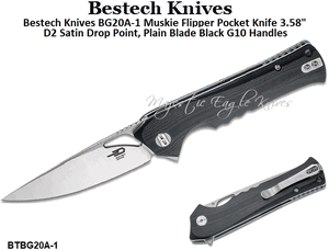Bestech Knives BG20A-1 Muskie Flipper Pocket Knife 3.58" D2 Satin Drop Point, Plain Blade Black G10 Handles
