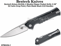 Bestech Knives BG20A-1 Muskie Flipper Pocket Knife 3.58" D2 Satin Drop Point, Plain Blade Black G10 Handles Bestech Knives BG20A-1 Muskie Flipper Pocket Knife 3.58" D2 Satin Drop Point, Plain Blade Black G10 Handles