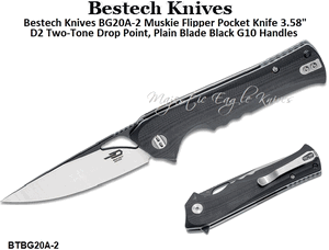 Bestech Knives BG20A-2 Muskie Flipper Pocket Knife 3.58" D2 Two-Tone Drop Point, Plain Blade Black G10 Handles 